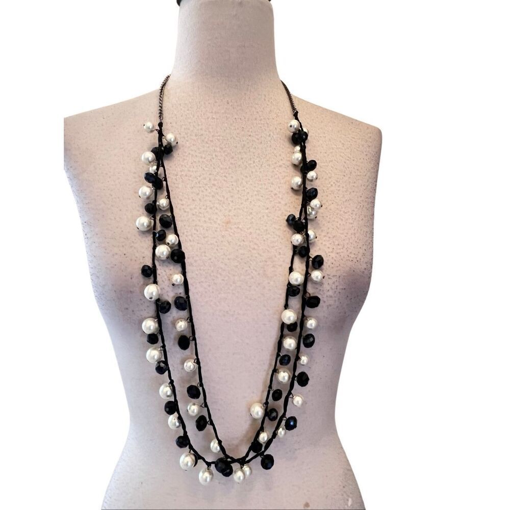 VCLM Women's Double Strand Layered Faux Pearl Bead Necklace Black Cream OS